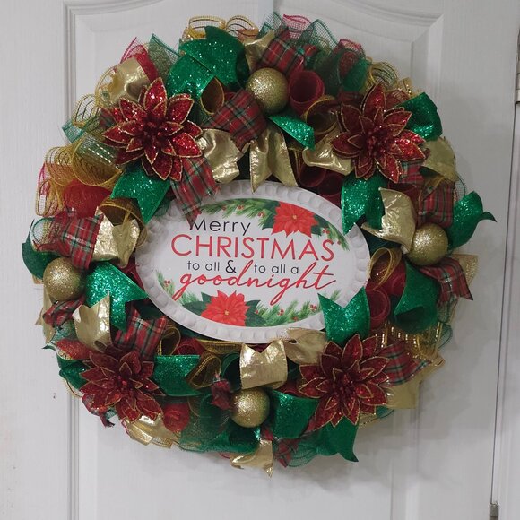 ✨🌺 "Merry Christmas & Goodnight" Red, Green & Gold Wreath 🌺✨ - Picture 1 of 5